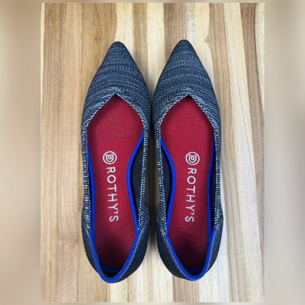 Rothy's Pointed Knit Flats in Dark Gray with Red Insole